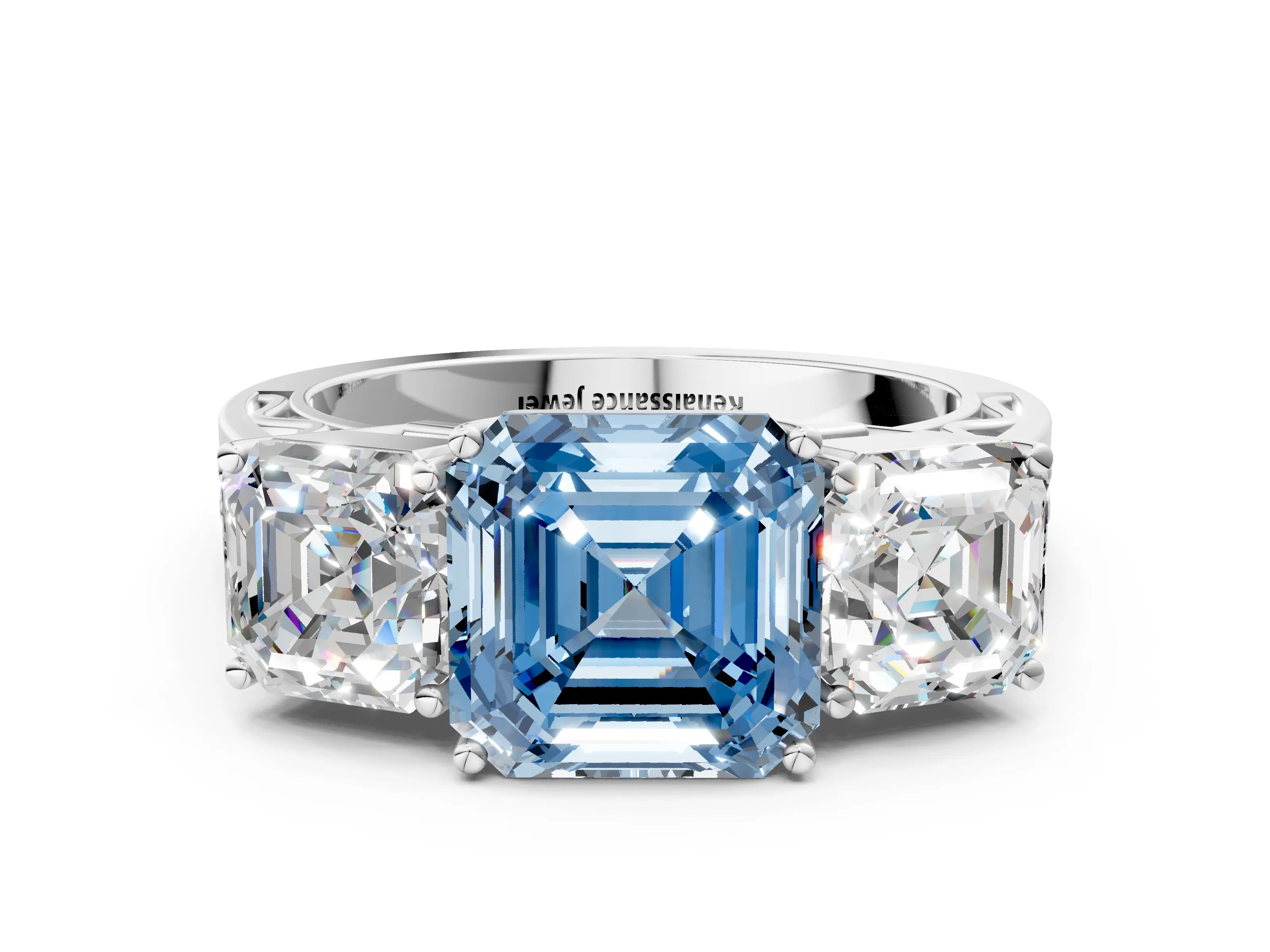 White gold Fancy Blue Asscher Cut Diamond Three-Stone Ring with Prong Setting and Textured Band_12