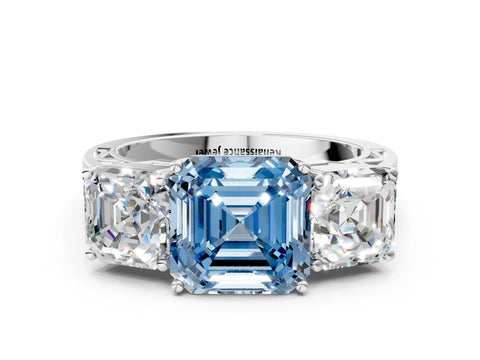 White gold Fancy Blue Asscher Cut Diamond Three-Stone Ring with Prong Setting and Textured Band_12