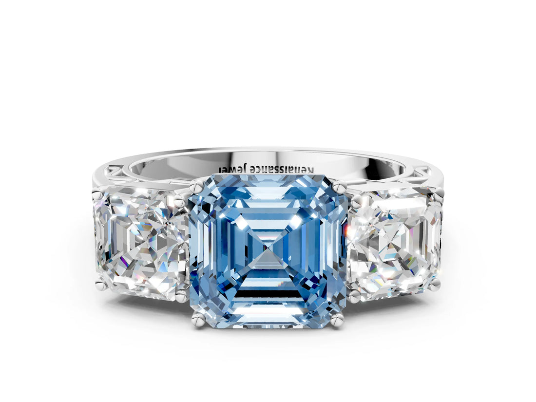White gold Fancy Blue Asscher Cut Diamond Three-Stone Ring with Prong Setting and Textured Band_12