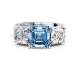 White gold Fancy Blue Asscher Cut Diamond Three-Stone Ring with Prong Setting and Textured Band_12