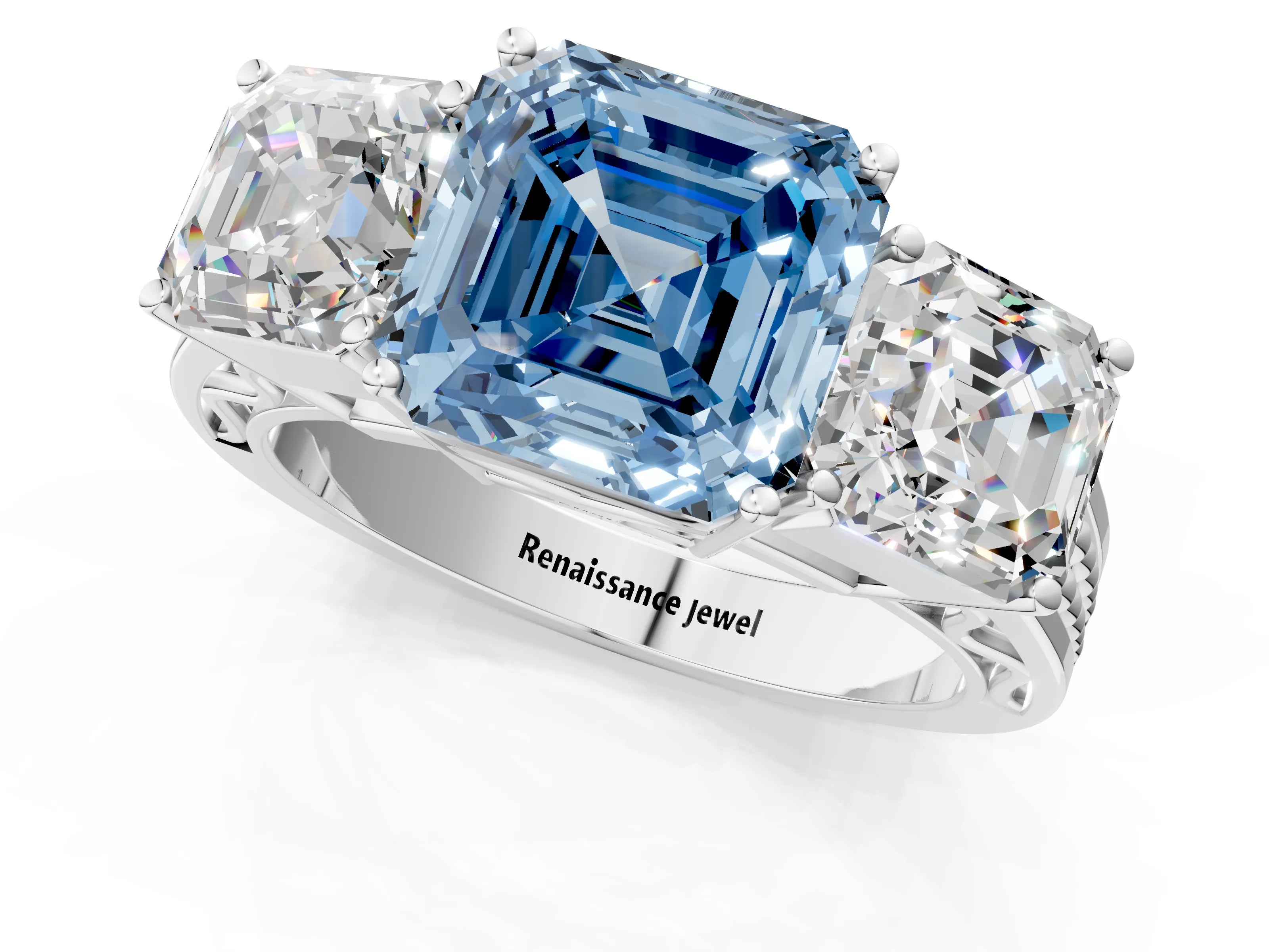 White gold Fancy Blue Asscher Cut Diamond Three-Stone Ring with Prong Setting and Textured Band_13