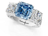 White gold Fancy Blue Asscher Cut Diamond Three-Stone Ring with Prong Setting and Textured Band_13