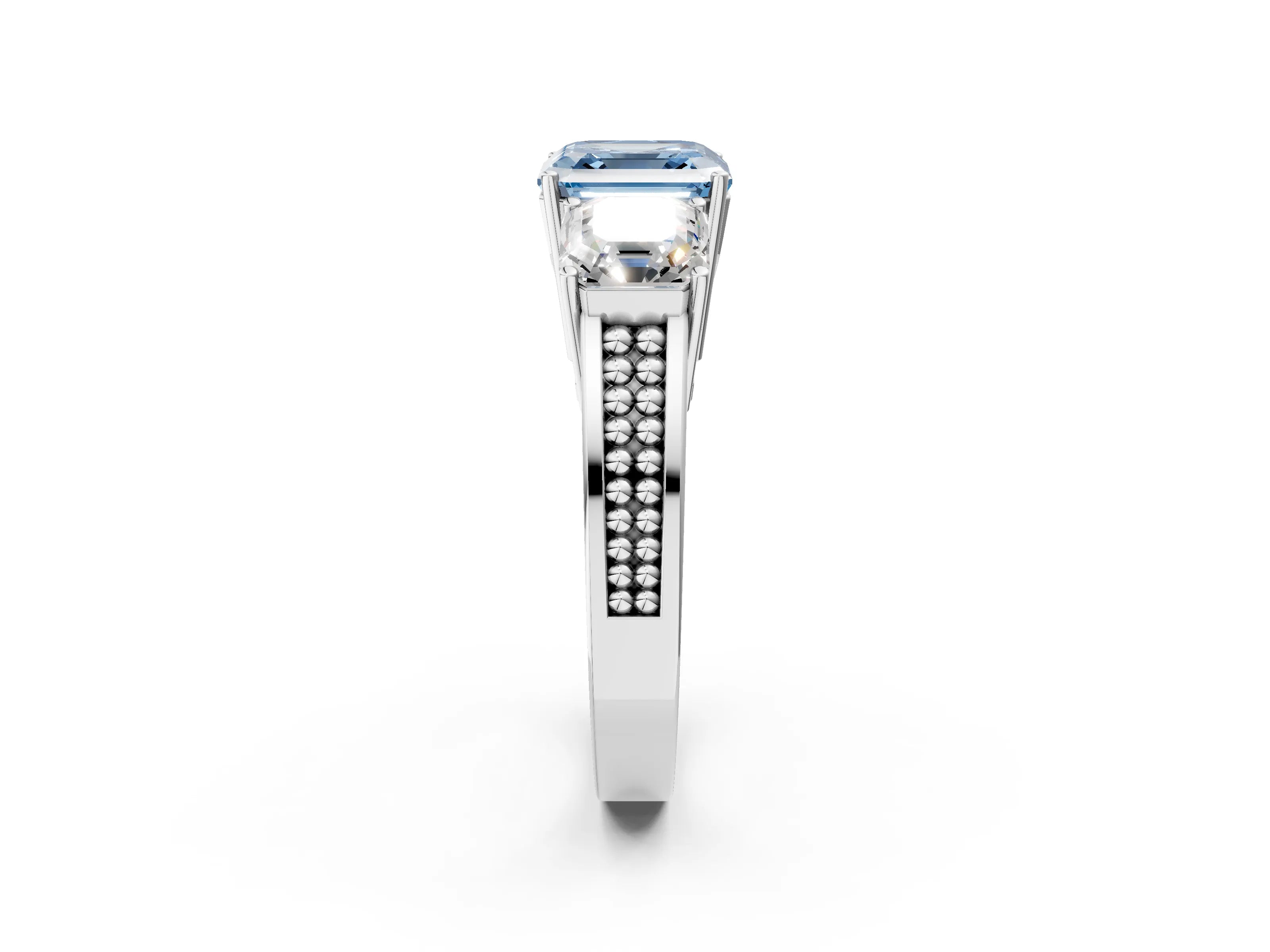 White gold Fancy Blue Asscher Cut Diamond Three-Stone Ring with Prong Setting and Textured Band_14