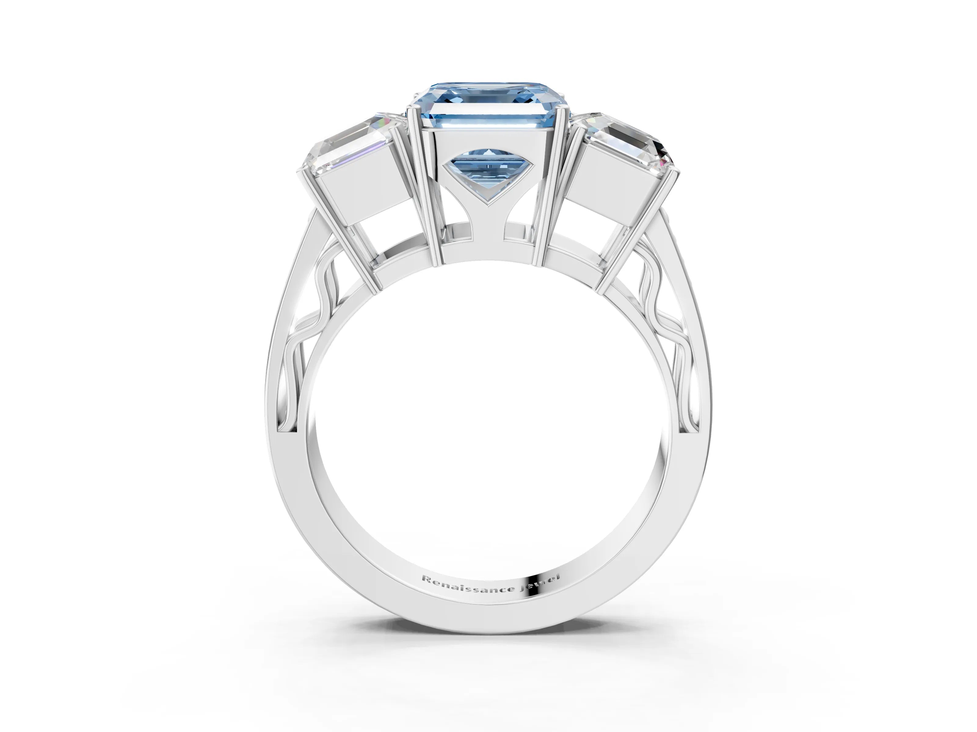 White gold Fancy Blue Asscher Cut Diamond Three-Stone Ring with Prong Setting and Textured Band_15