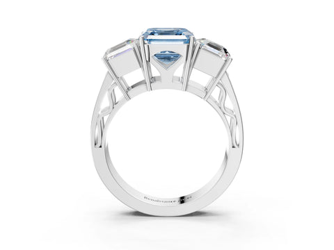 White gold Fancy Blue Asscher Cut Diamond Three-Stone Ring with Prong Setting and Textured Band_15