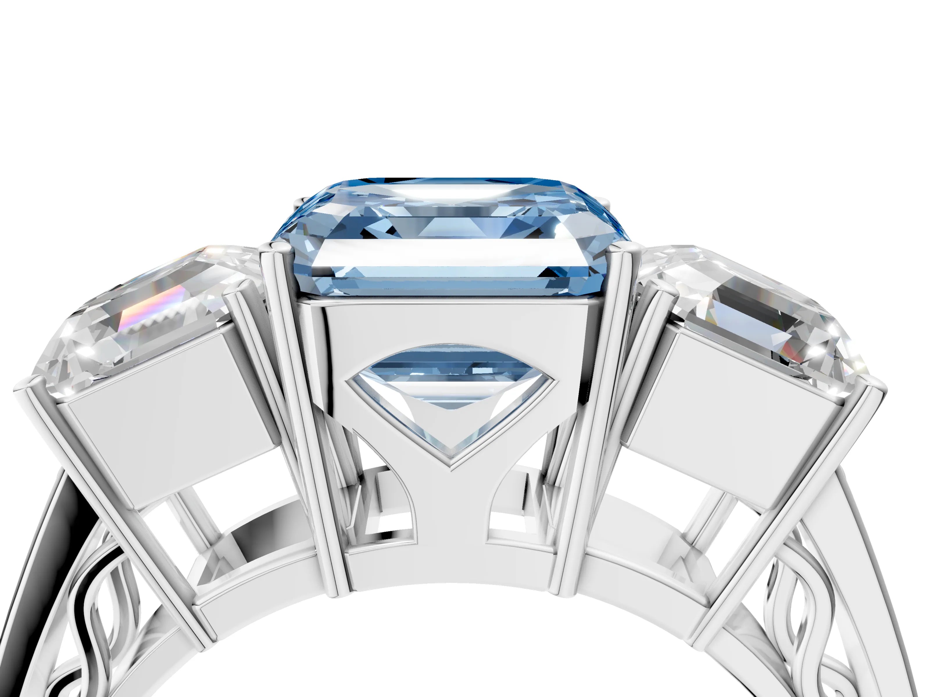 White gold Fancy Blue Asscher Cut Diamond Three-Stone Ring with Prong Setting and Textured Band_16