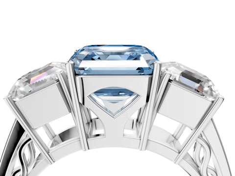 White gold Fancy Blue Asscher Cut Diamond Three-Stone Ring with Prong Setting and Textured Band_16