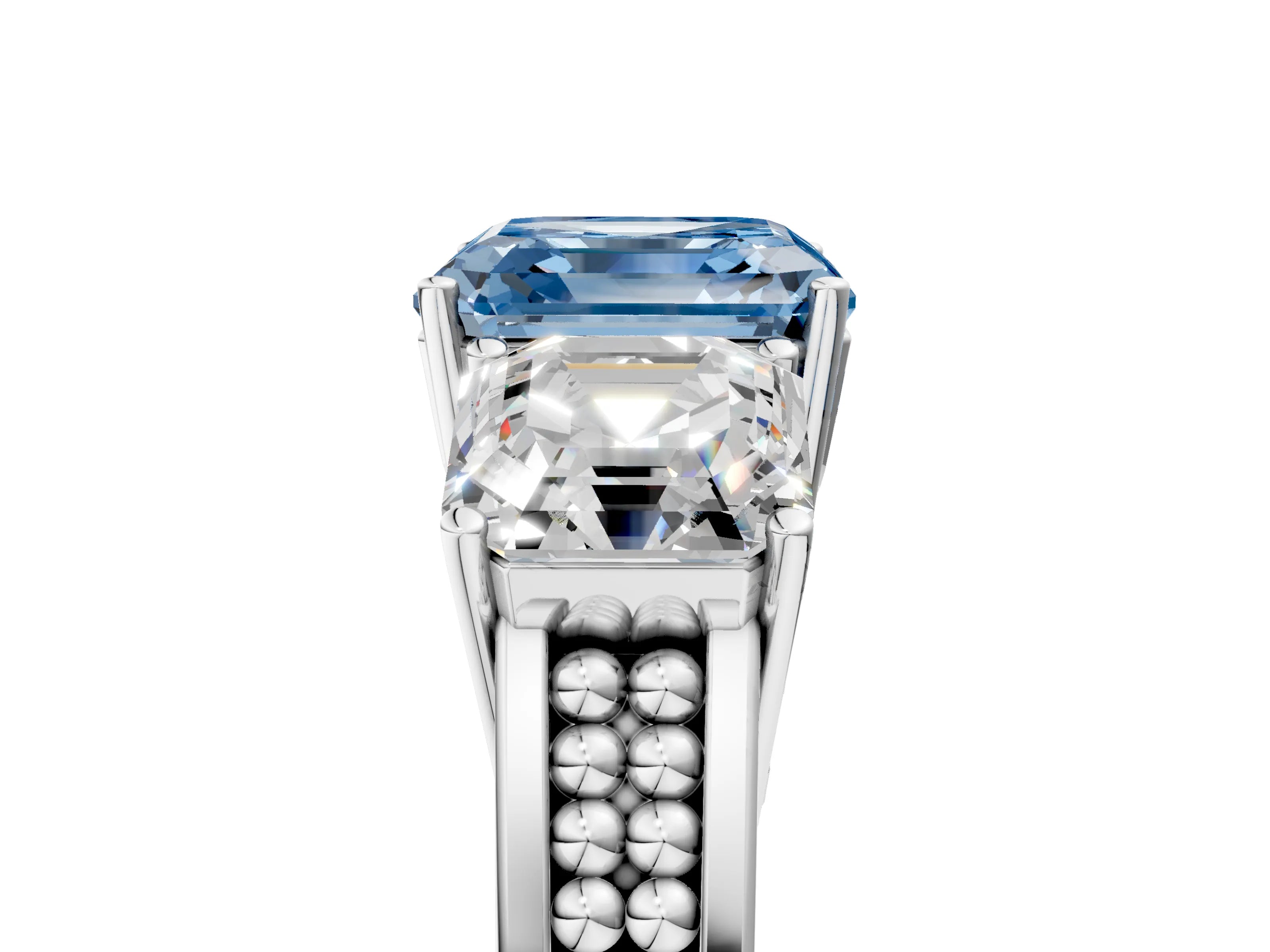 White gold Fancy Blue Asscher Cut Diamond Three-Stone Ring with Prong Setting and Textured Band_17