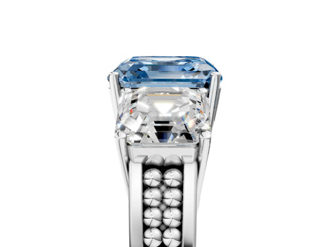 White gold Fancy Blue Asscher Cut Diamond Three-Stone Ring with Prong Setting and Textured Band_17