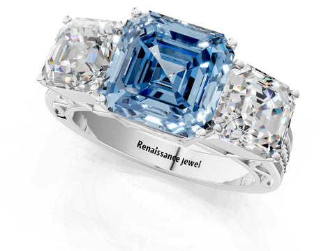 White gold Fancy Blue Asscher Cut Diamond Three-Stone Ring with Prong Setting and Textured Band_1
