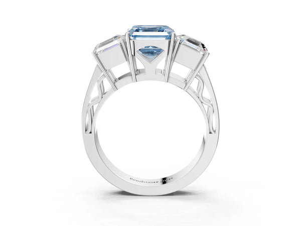 White gold Fancy Blue Asscher Cut Diamond Three-Stone Ring with Prong Setting and Textured Band