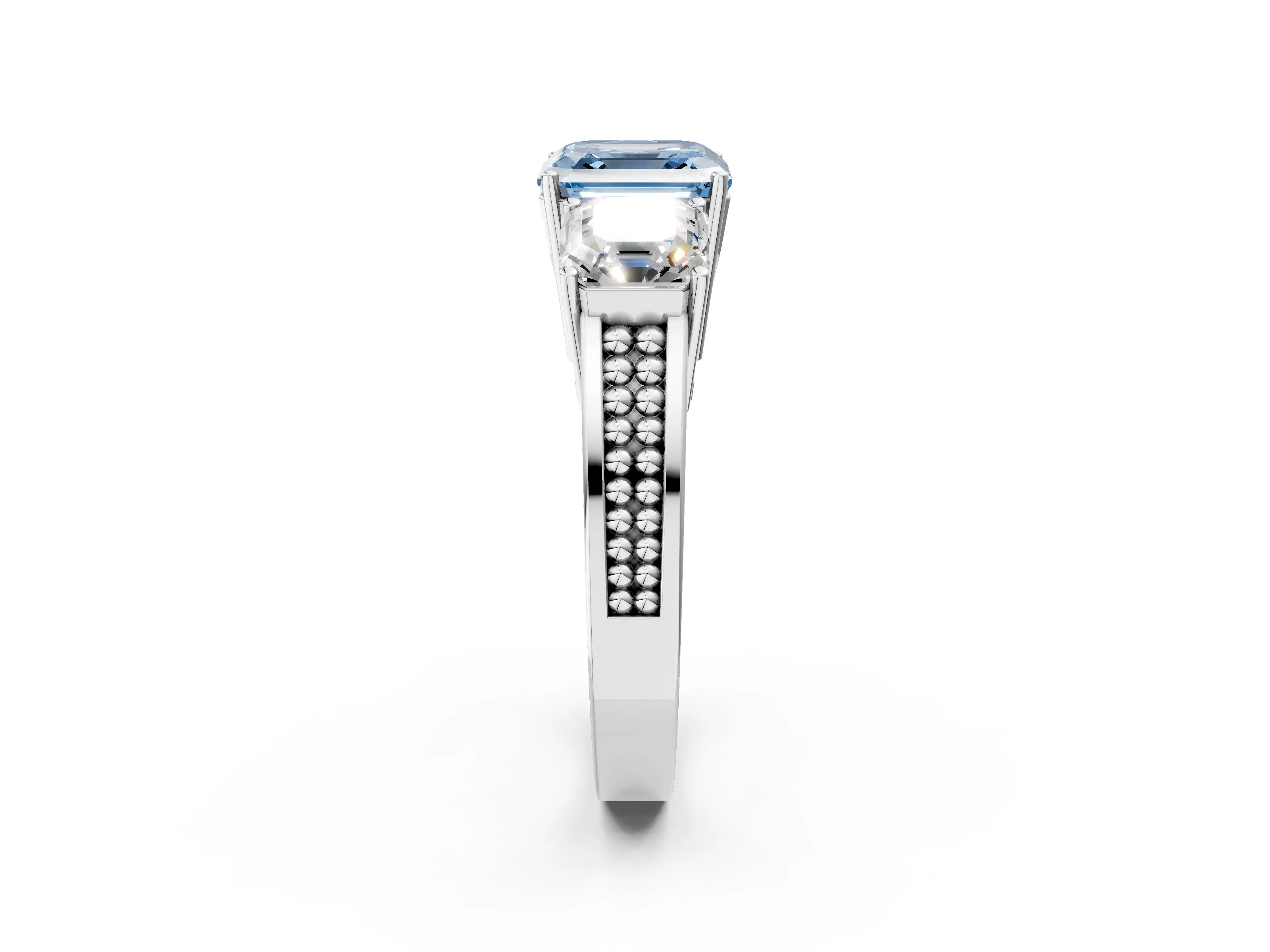 White gold Fancy Blue Asscher Cut Diamond Three-Stone Ring with Prong Setting and Textured Band_2