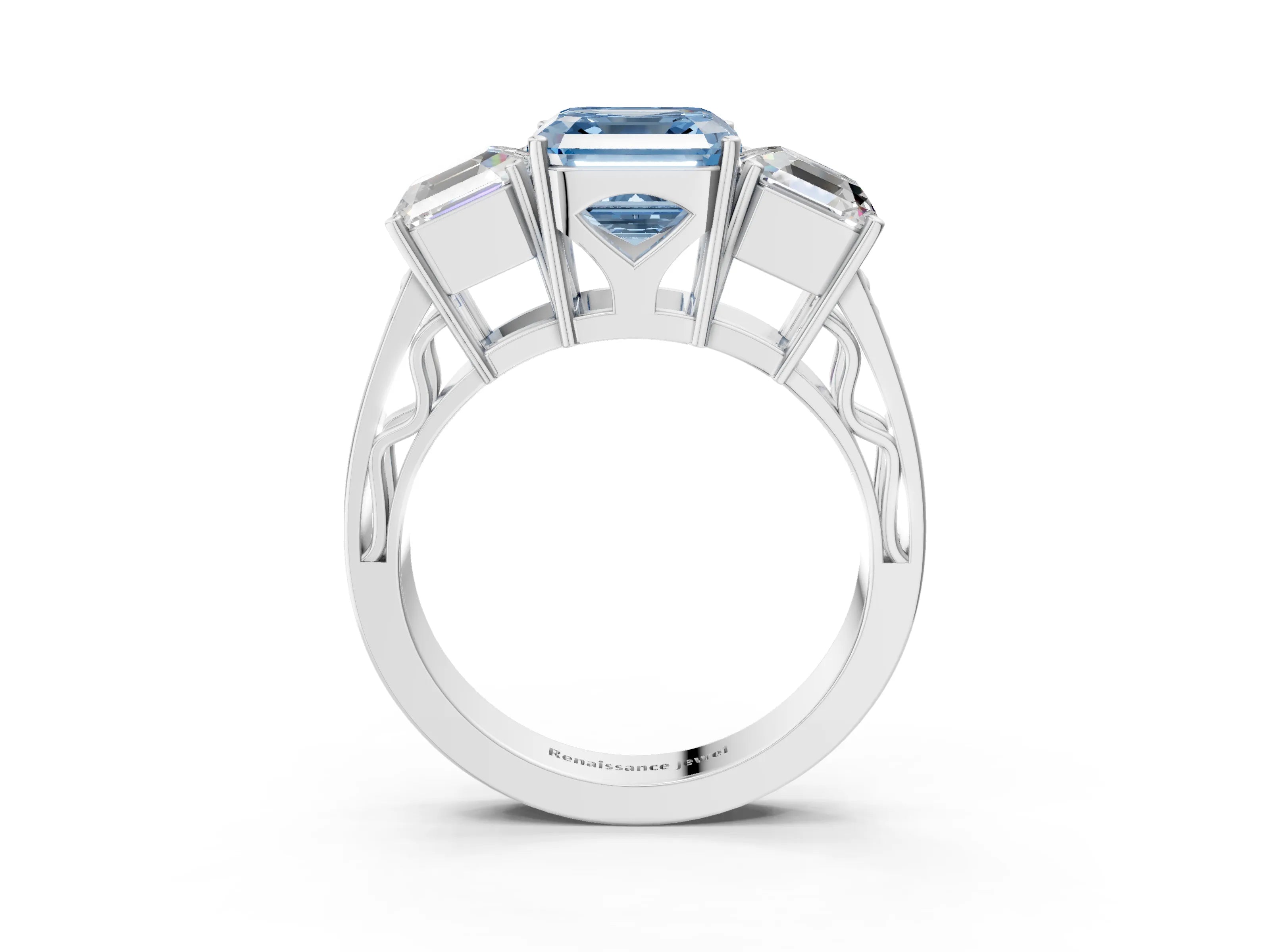 White gold Fancy Blue Asscher Cut Diamond Three-Stone Ring with Prong Setting and Textured Band_3
