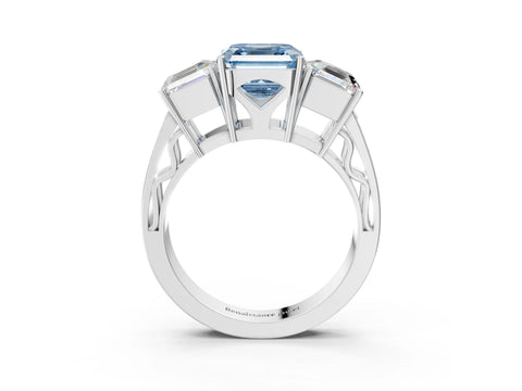 White gold Fancy Blue Asscher Cut Diamond Three-Stone Ring with Prong Setting and Textured Band_3