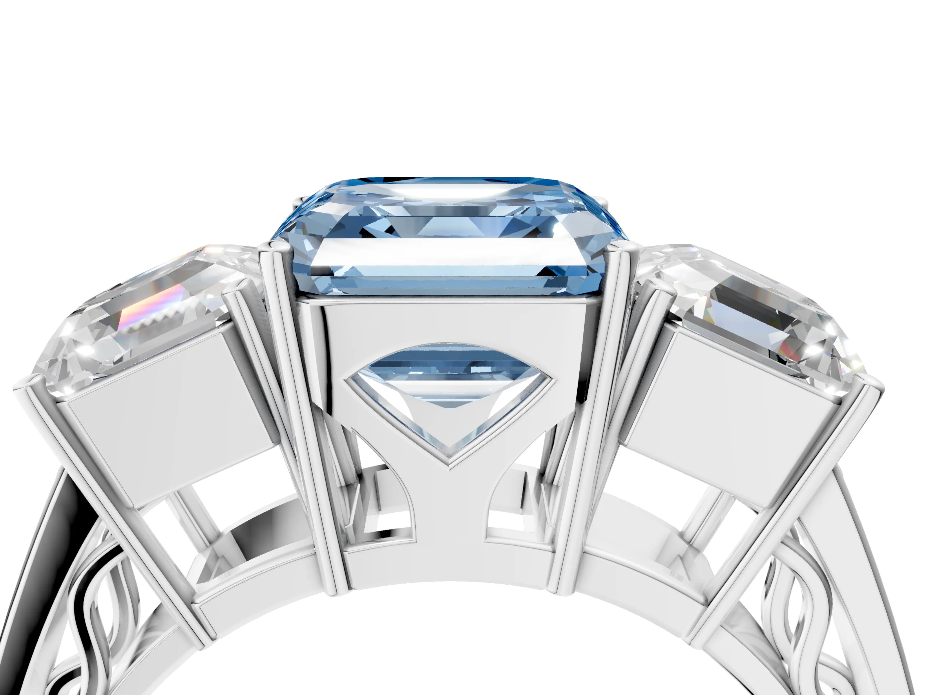 White gold Fancy Blue Asscher Cut Diamond Three-Stone Ring with Prong Setting and Textured Band_4