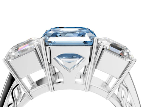 White gold Fancy Blue Asscher Cut Diamond Three-Stone Ring with Prong Setting and Textured Band_4
