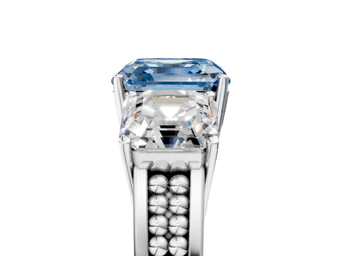 White gold Fancy Blue Asscher Cut Diamond Three-Stone Ring with Prong Setting and Textured Band_5