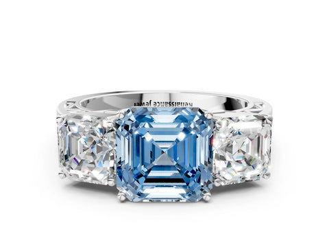 White gold Fancy Blue Asscher Cut Diamond Three-Stone Ring with Prong Setting and Textured Band