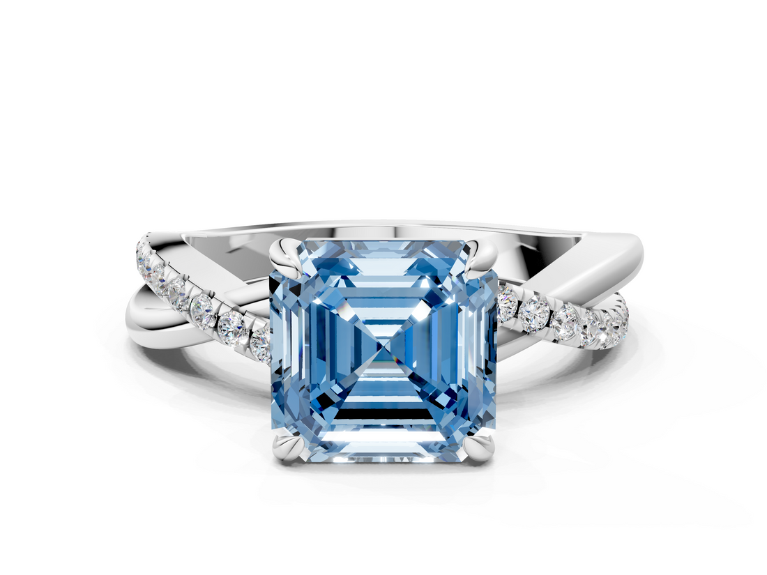 White gold Fancy Blue Asscher  Cut Diamond Twist Band Solitaire with Prong Setting_17
