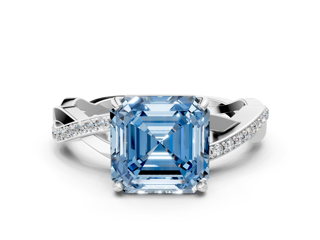 White gold Fancy Blue Asscher  Cut Diamond Twisted Band Engagement Ring with Prong Setting_3