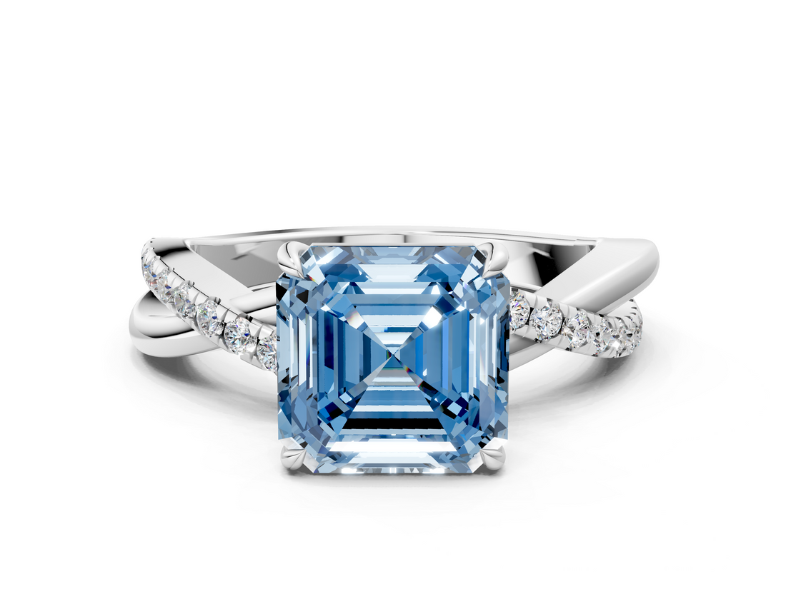 White gold Fancy Blue Asscher  Cut Diamond Twisted Band with Pavé Setting and Four-Prong Setting_17