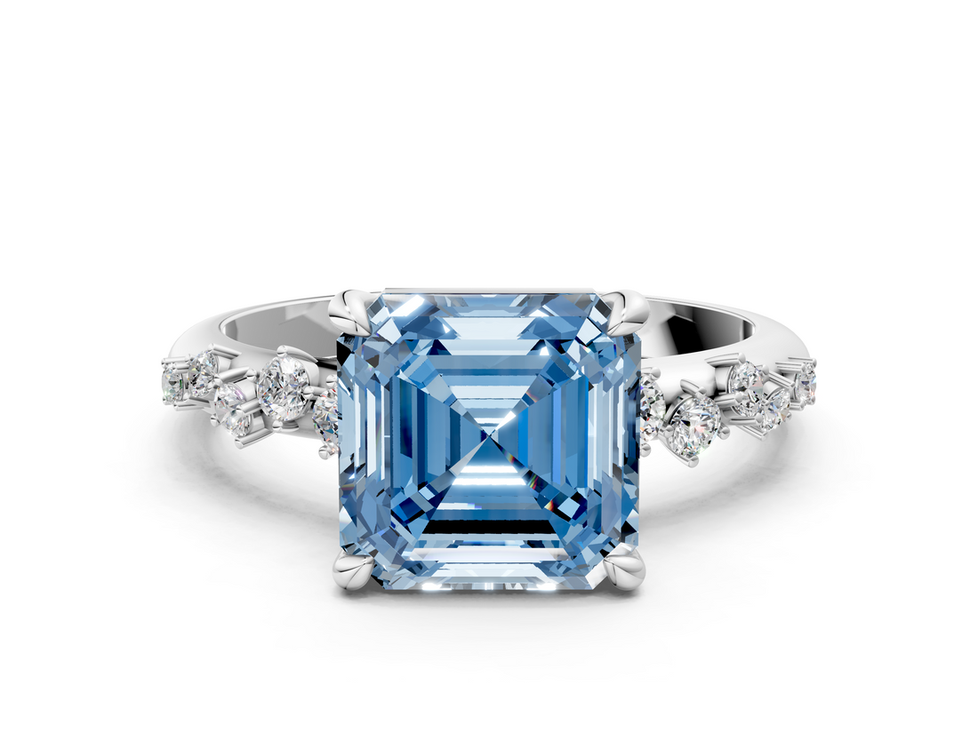 White gold Fancy Blue Asscher  Cut Diamond Vine Band with Four-Prong Setting