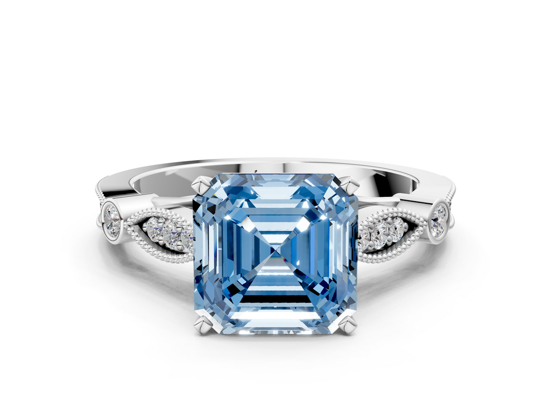 White gold Fancy Blue Asscher  Cut Diamond with Milgrain Marquise and Bezel Accents on a Solitaire Band with Prong Setting_18