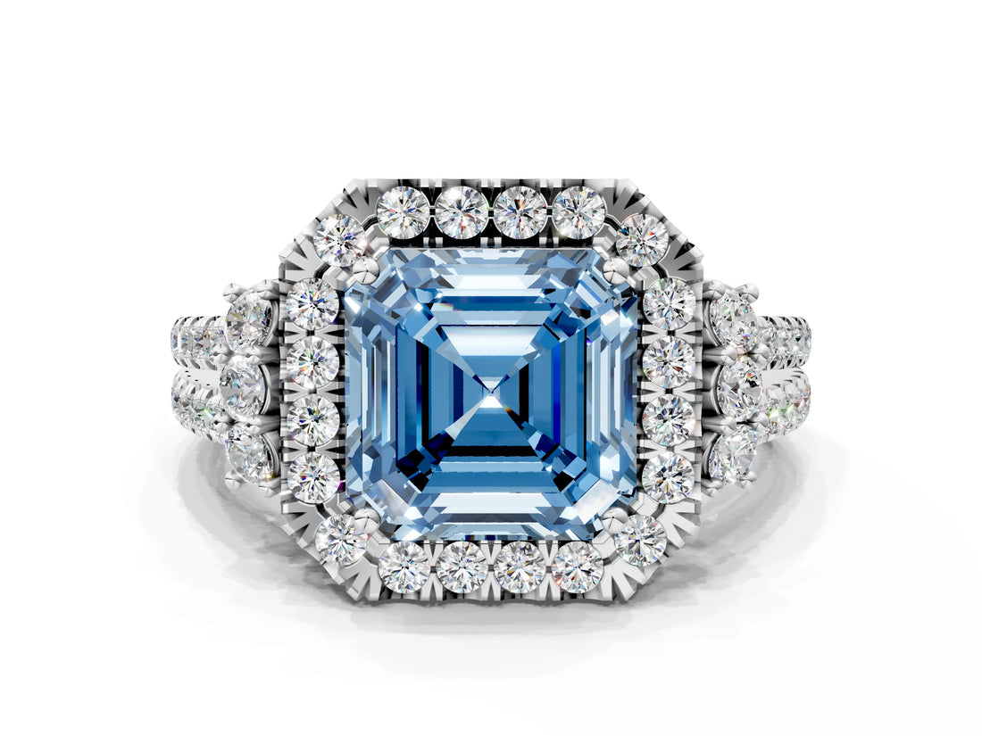 White gold Fancy Blue Asscher  Cut Double Halo Diamond Engagement Ring with Pave Band and Four-Prong Setting_37