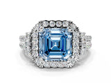 White gold Fancy Blue Asscher  Cut Double Halo Diamond Engagement Ring with Pave Band and Four-Prong Setting_38