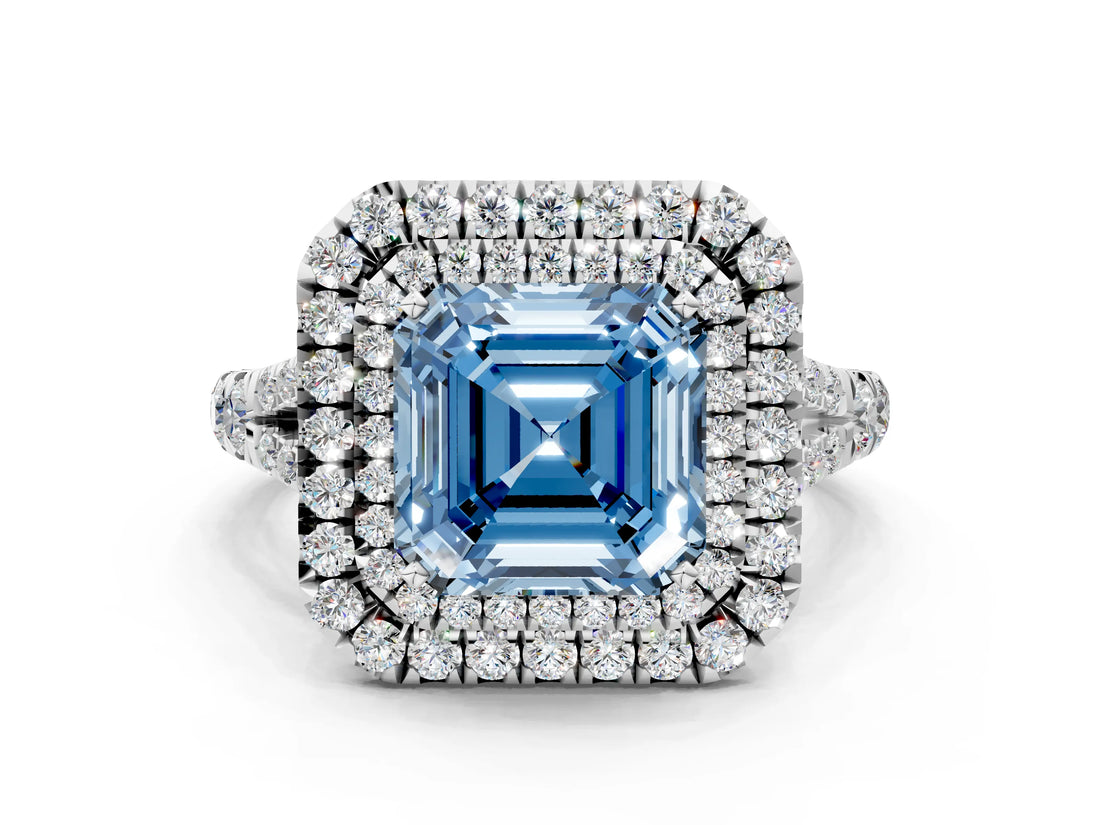 White gold Fancy Blue Asscher  Cut Double Halo Split Shank Diamond Ring with Prong Setting_46