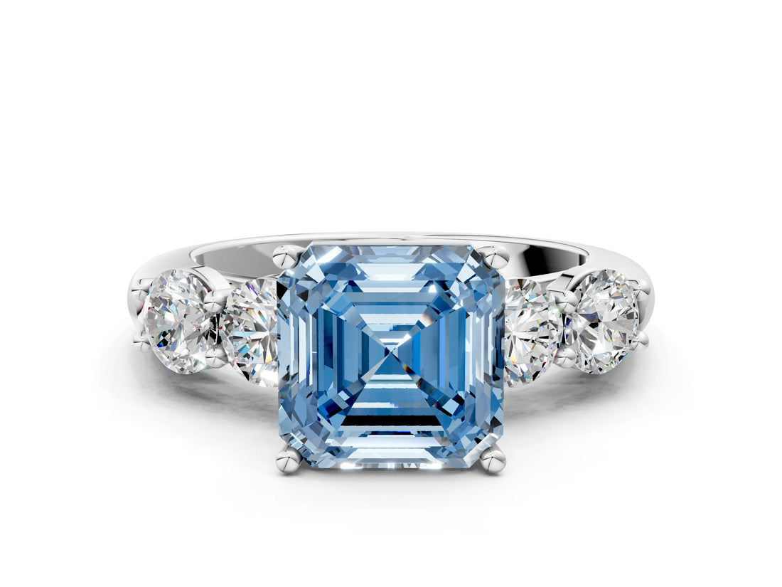 White gold Fancy Blue Asscher  Cut Five-Stone Prong Set Diamond Ring with Classic Band_29