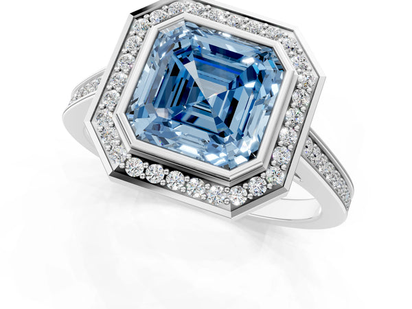 White gold Fancy Blue Asscher Cut Halo Bezel Diamond Pave Band Ring