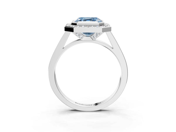 White gold Fancy Blue Asscher Cut Halo Bezel Diamond Pave Band Ring