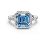 White gold Fancy Blue Asscher  Cut Halo Diamond Engagement Ring with Pave Band and Four-Prong Setting_17