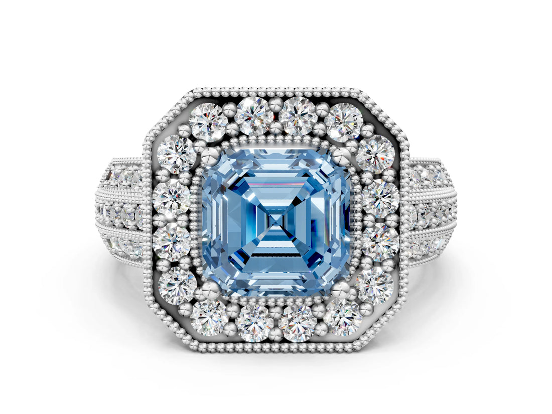 White gold Fancy Blue Asscher Cut Halo Diamond Engagement Ring with Pave Split Shank and Four-Prong Setting_12