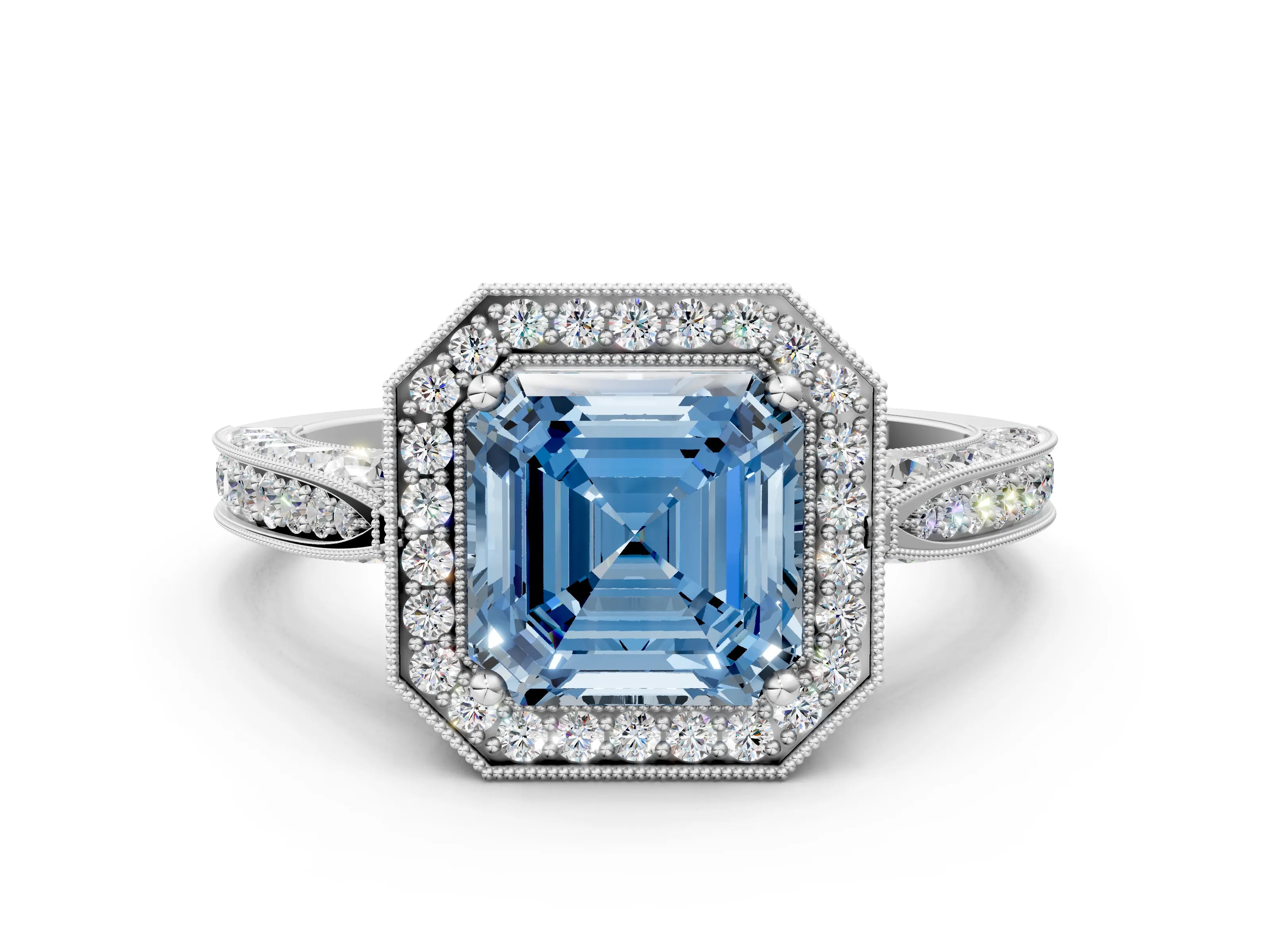 White gold Fancy Blue Asscher Cut Halo Diamond Engagement Ring with Split Shank Band and Four-Prong Setting_12
