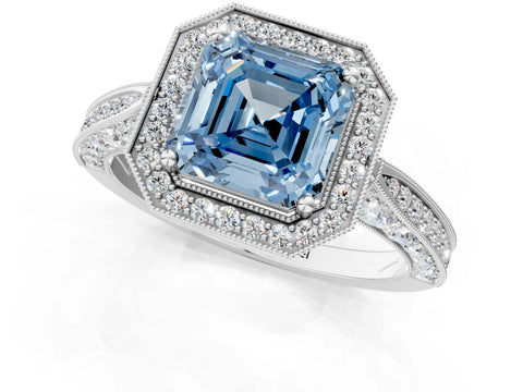 White gold Fancy Blue Asscher Cut Halo Diamond Engagement Ring with Split Shank Band and Four-Prong Setting_13