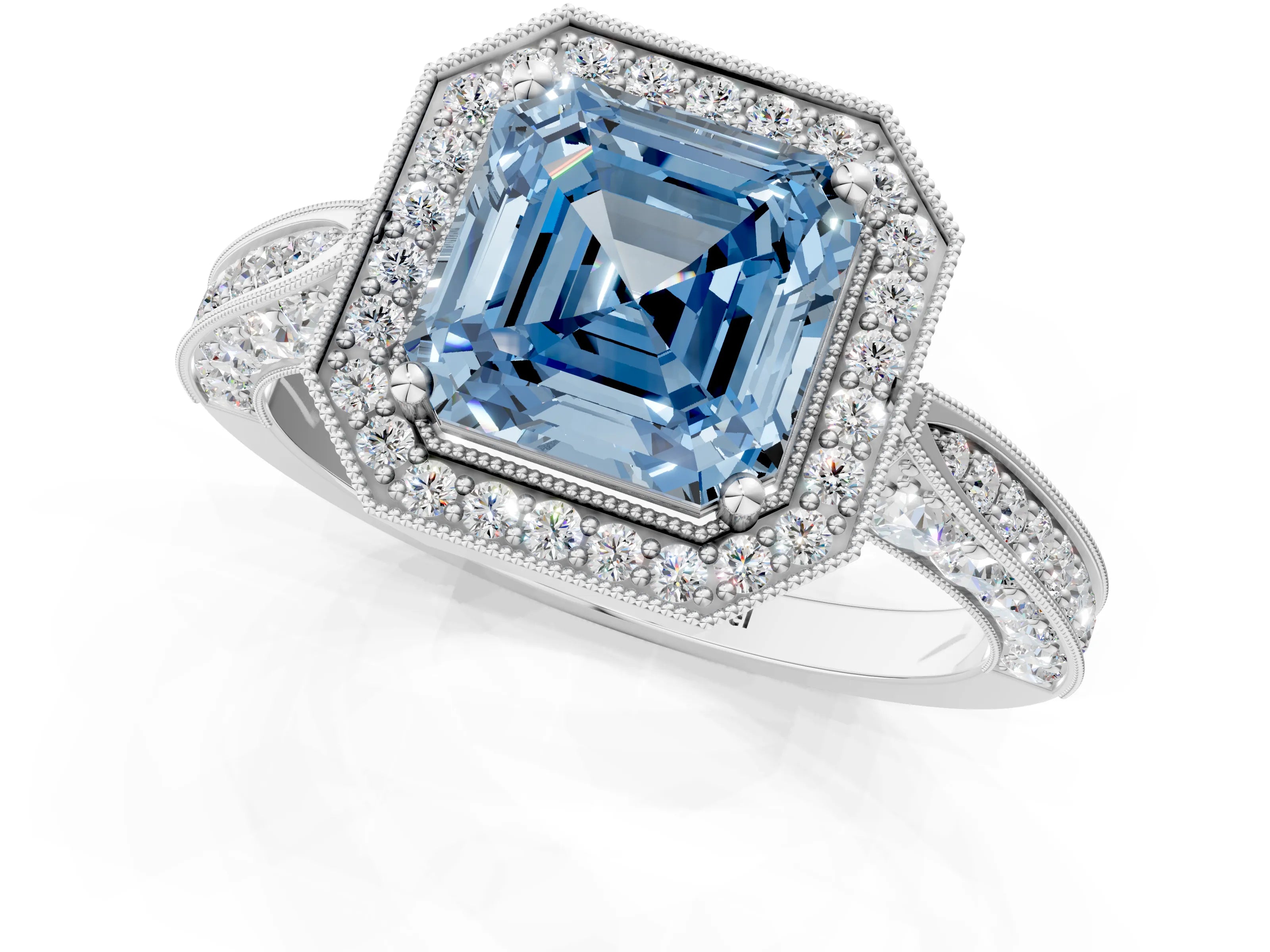 White gold Fancy Blue Asscher Cut Halo Diamond Engagement Ring with Split Shank Band and Four-Prong Setting_13
