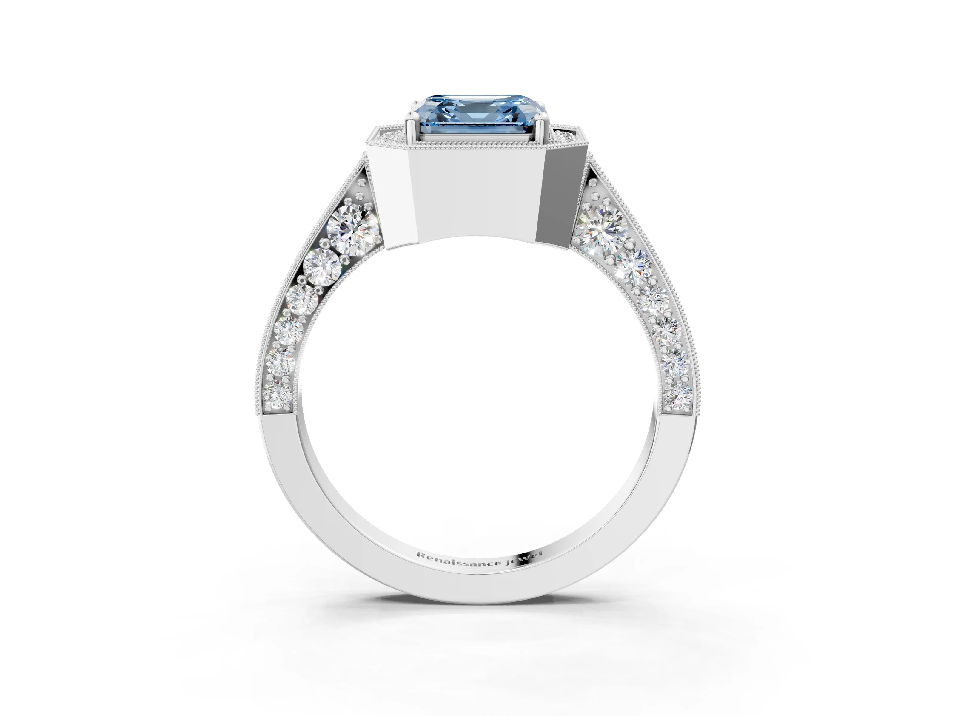 White gold Fancy Blue Asscher Cut Halo Diamond Engagement Ring with Split Shank Band and Four-Prong Setting_15