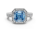 White gold Fancy Blue Asscher  Cut Halo Diamond Pave Band Ring with Four-Prong Setting