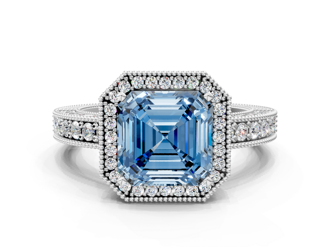 White gold Fancy Blue Asscher  Cut Halo Diamond Pave Band Ring with Four-Prong Setting