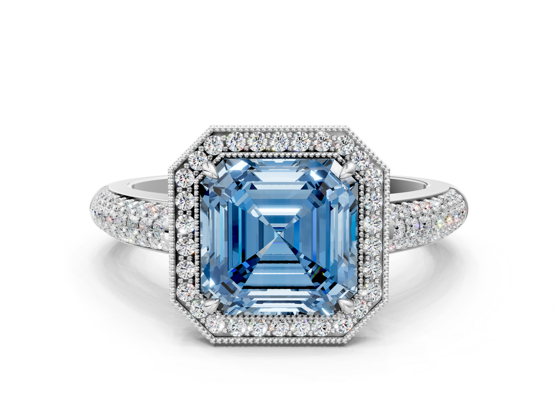 White gold Fancy Blue Asscher  Cut Halo Diamond Pave Band with Four-Prong Setting_17