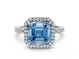 White gold Fancy Blue Asscher Cut Halo Diamond Pave Band with Prong Setting