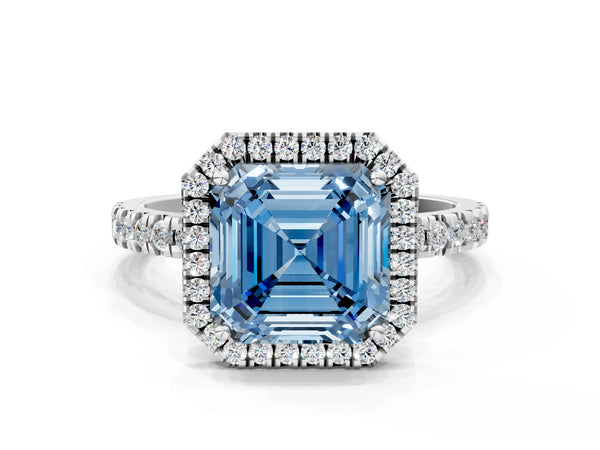 Platinum Fancy Blue Asscher Cut Diamond Classic Halo Engagement Ring with Round Pavé Band and Prong Setting