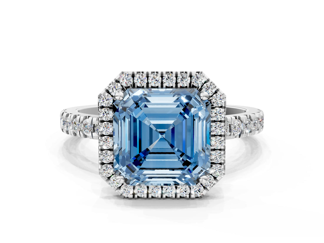 White gold Fancy Blue Asscher Cut Halo Diamond Pave Band with Prong Setting
