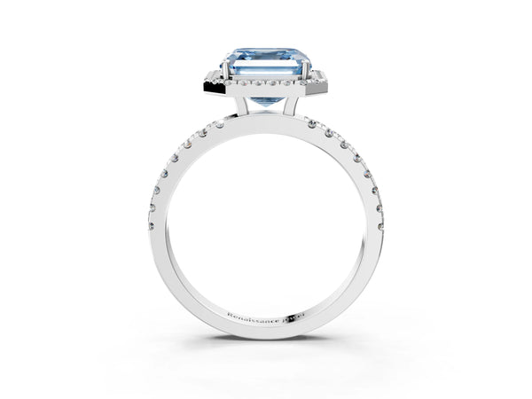 Platinum Fancy Blue Asscher Cut Diamond Classic Halo Engagement Ring with Round Pavé Band and Prong Setting
