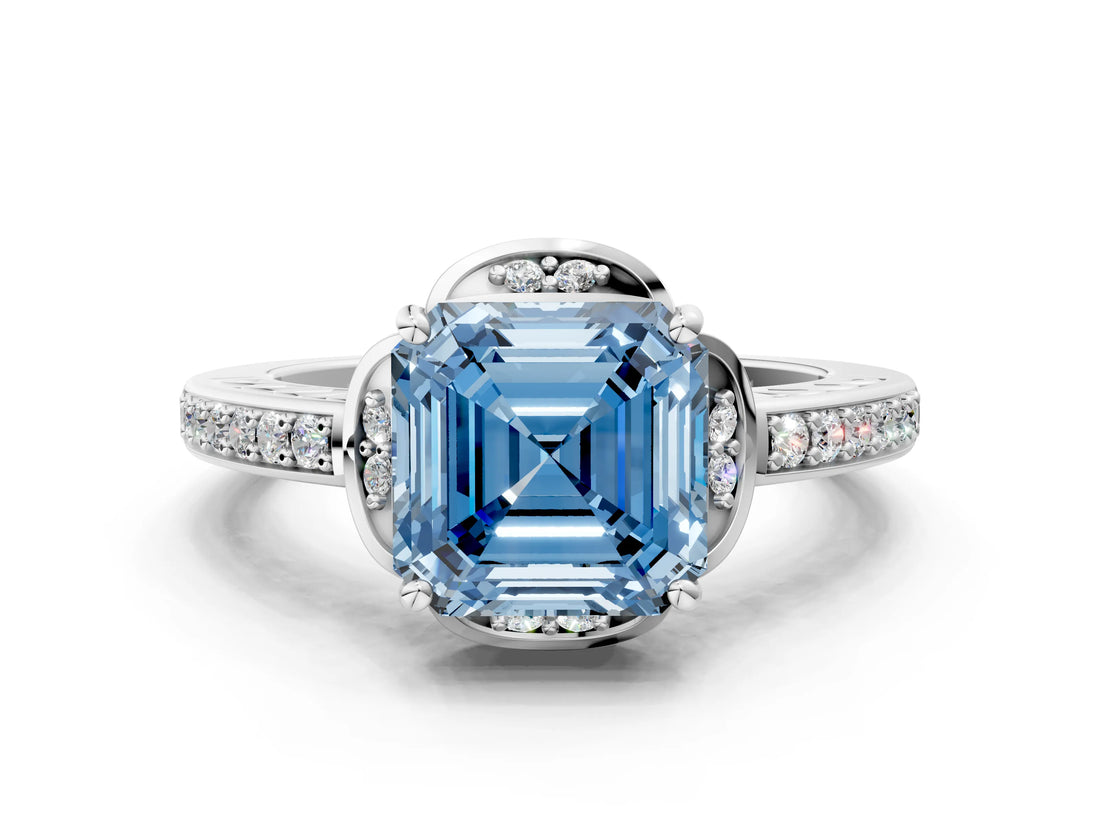 White gold Fancy Blue Asscher  Cut Halo Diamond Ring with Channel Set Band and Four-Prong Setting_47