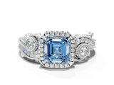 White gold Fancy Blue Asscher Cut Halo Diamond Ring with Milgrain and Bezel Accents on a Split Shank Band_12
