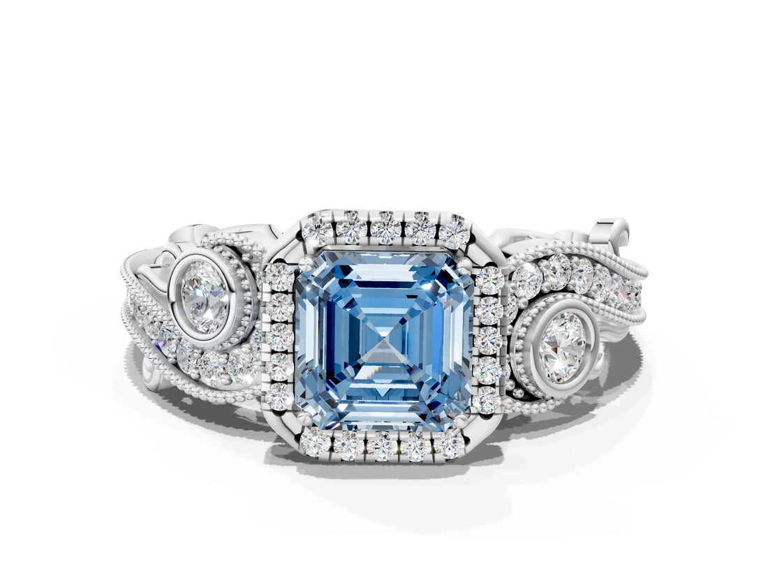 White gold Fancy Blue Asscher Cut Halo Diamond Ring with Milgrain and Bezel Accents on a Split Shank Band_12