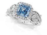 White gold Fancy Blue Asscher Cut Halo Diamond Ring with Milgrain and Bezel Accents on a Split Shank Band_13